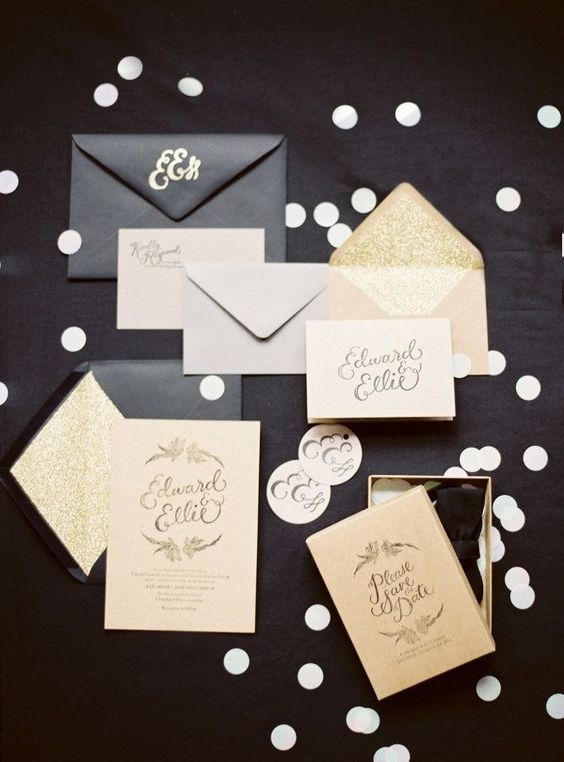black, blush and gold flitter wedding invites with calligraphy for a New Year's Eve wedding