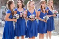 21 over the knee royal blue bridesmaids’ dresses