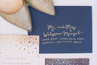 22 gold glitter and navy wedding invitations for a polka dot print for a cheerful glam wedding
