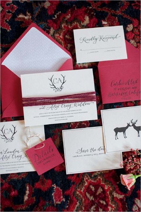 hot pink wedding invitations with twine and calligraphy for a colorful winter wedding
