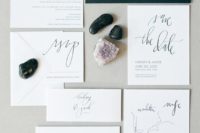 23 a simple black and white wedding stationery set with calligraphy is a timeless idea to rock