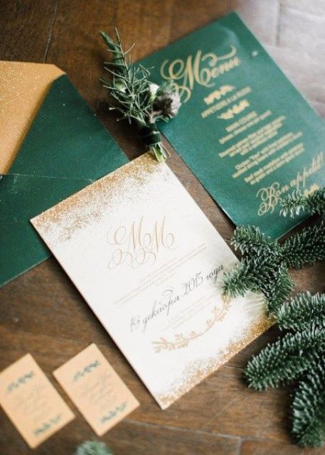 emerald and gold wedding stationery with glitter and calligraphy