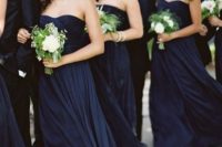 23 midnight blue strapless sweetheart neckline bridesmaids’ gowns