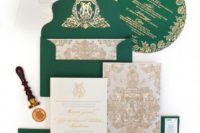 24 a beautiful emerald and gold wedidng invitation suite with chic prints for a vintage-inspired wedding