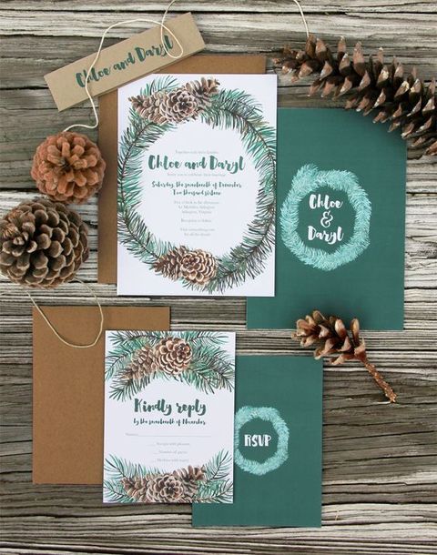 evergreens and pinecones are symbolic for winter, incorporate them into your wedding