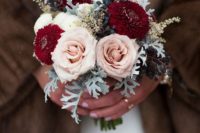 24 pretty little posy with pale pink roses, burgundy dahlias, privet berries & dusty miller