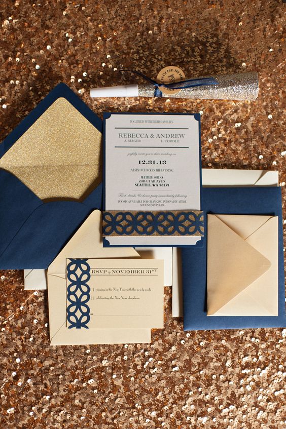 navy and gold glitter are a popular combo for New Year's Eve weddings