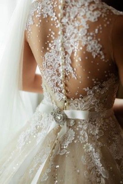 a wedding dress with a snowy back, lace appliques and a sash with a vintage brooch