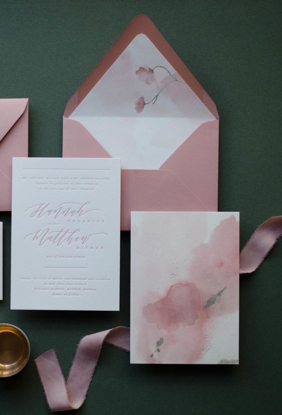 dusty rose watercolor wedding invites with letterpressing for a girlish and glam wedding