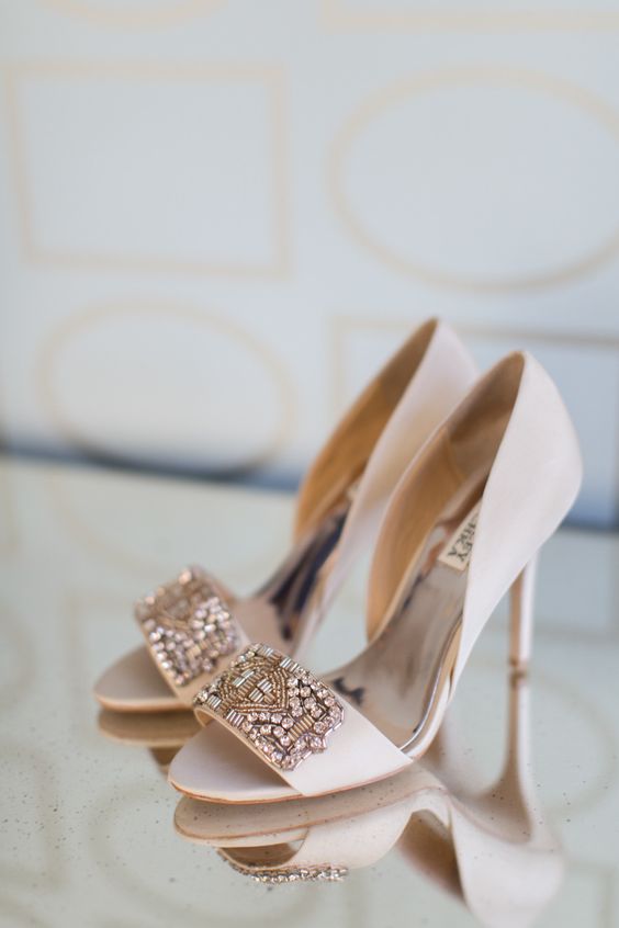 ivory peep toe wedding shoes with heavy embellisments look glam and inspiring