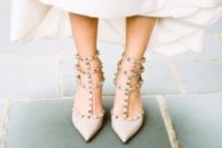 29 nude spiked strappy heels are a chic and modern idea to wear heels at your wedding