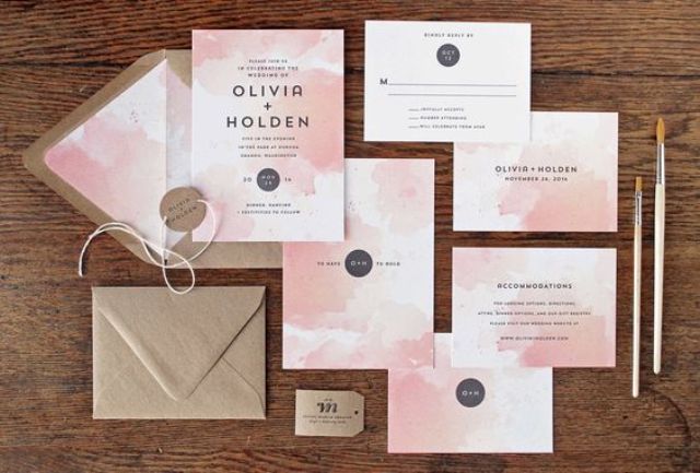 pink watercolor wedding invites and kraft paper envelopes for a colorful wedding