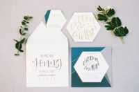 30 a modern wedding invitation set with geo shapes and lines and crazy calligraphy