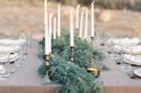 30 a textural greenery table runner looks very elegant and chic with gilded touches on the table