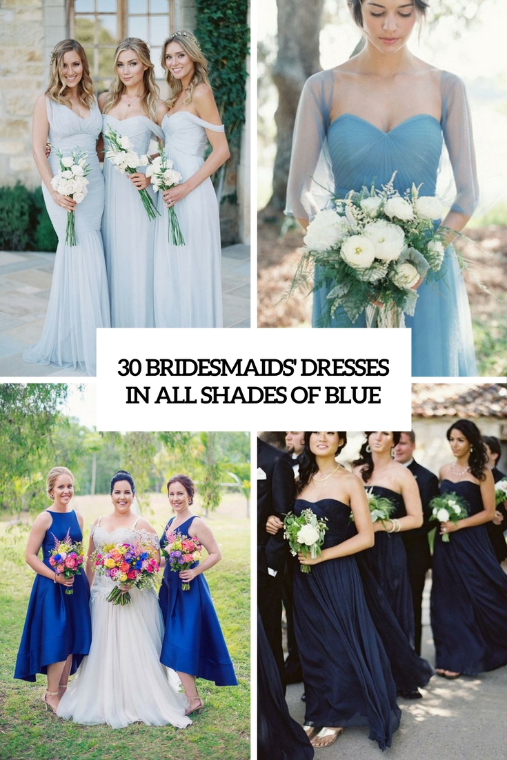 bridesmaids' dresses in all shades of blue cover