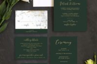 30 emerald and gold wedding invitation suite with a marble pattern looks very chic and refined