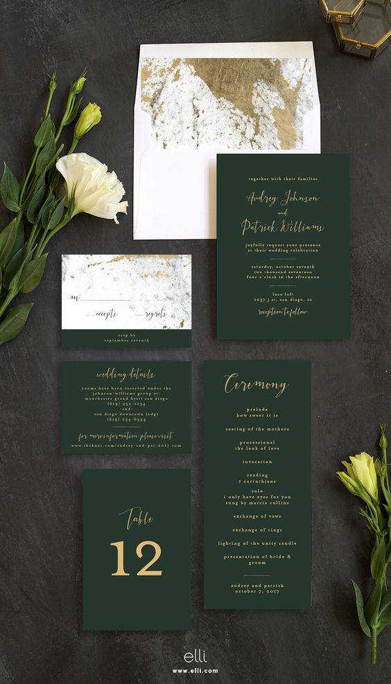 emerald and gold wedding invitation suite with a marble pattern looks very chic and refined