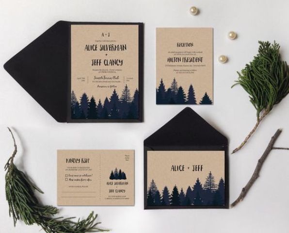 forest-inspired wedding invitations in navy and neutrals, will do for a woodsy or mountain wedding with a rustic feel