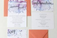 31 purple and blue watercolor wedding invites and orange envelopes for a modern colorful wedding