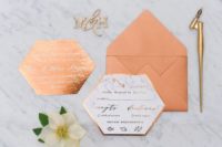 33 copper foil geometric wedding invitations with calligraphy and a copper foil envelope for a modern wedding with a metallic or glam touch