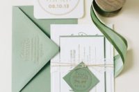 35 sage green and white wedding invites with twine and pressed letters for a simple spring wedding