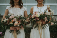 02 The bouquets were with pink, peachy, neutral blooms and much greenery and ocher ribbons