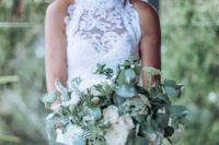 02 The bride was wearing  lace halter neckline wedding dress by Grace Loves Grace, her bouquet was neutral and with white blooms
