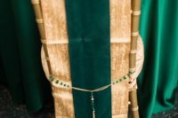 02 gorgeous emerald and gold chair cover with beading for a glam wedding or an art deco one
