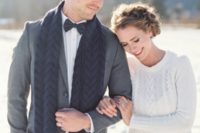 02 the bride rocking a white cable knit sweater and the groom with a matching navy scarf