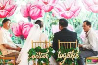 03 gold calligraphy chair signs and fresh foliage posies for accentuating tropical wedding chairs