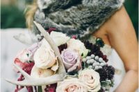 04 a woodland fall wedding bouquet with dark and pastel blooms, antlers and amaranthus