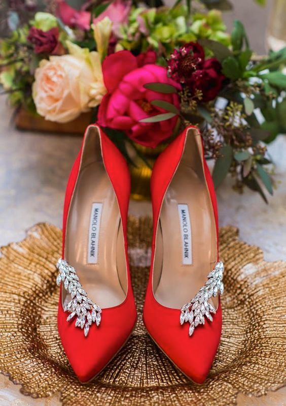 red suede embellished shoes by Manolo Blahnik for a sparkly touch