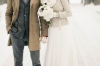 05 a neutral sweater and a white cable knit scarf for an elegant bridal look