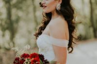 05 an off the shoulder dress, statement earrings and vintage waves are great for an Old Hollywood wedding