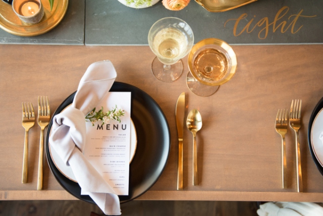 I love soft pastel napkins with fresh blooms, a menu and gold calligraphy on the table runner