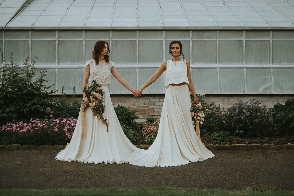 These are trendy bridal separates with crop tops, flowy skirts and a strong modern vibe