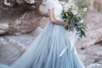 07 a trendy bridal separate with a white lace top and a blue tulle skirt looks heavenly beautiful