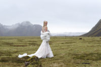 08 Mermaid lace wedding dress with an illusion back, no sleeves, a train and a gorgeous faux fur coverup