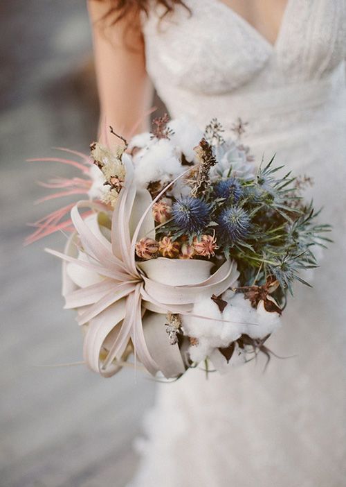a unique bouquet with air plants, cotton, thistles looks really interesting and outstanding