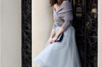 09 a grey tulle midi skirt, a grey off the shoulder sweater with half sleeves and grey suede booties look very feminine