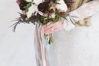 09 a moody winter bouquet with white and burgundy blooms, greenery and privet berries with neutral ribbons of various shades