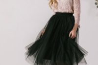 10 a black tulle skirt, a dusty pink lace top with sleeves, a statement necklace and nude heels