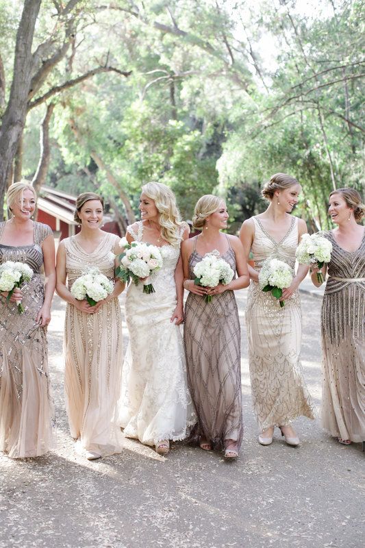 beaded mismatching art deco bridesmaids' dresses look gorgeous and refined