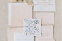 11 a blush wedding staitonery suite with creamy shades and soft pastel ribbons