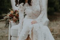 11 a lace wedding dress with long sleeves and an illusion neckline and sparkling shoes for a flawless ensemble