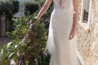 11 a spaghetti strap lace sheath wedding dress with a plunging neckline looks extremely sexy