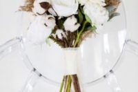 11 a wedding bouquet with wheat, white blooms, pale leaves and cotton looks chic and original
