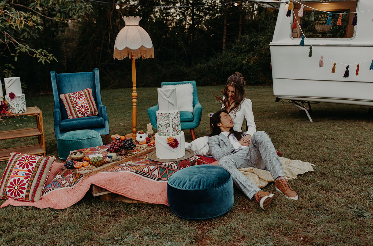 A picnic setting with blue velvet furniture