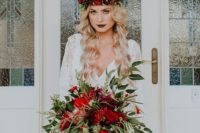 12 a lush red and green wedding bouquet with red ribbons and a matching floral crown