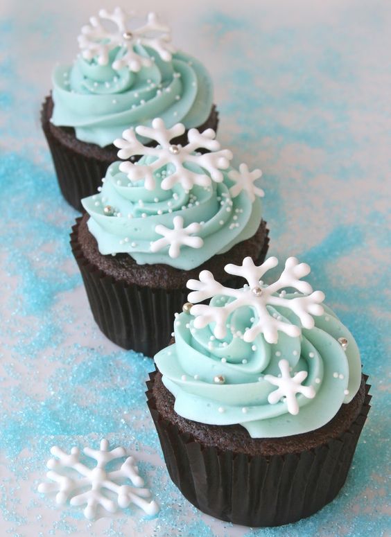 chocolate cupcakes with ice blue frosting, silver beads and snowflakes for a winter wedding